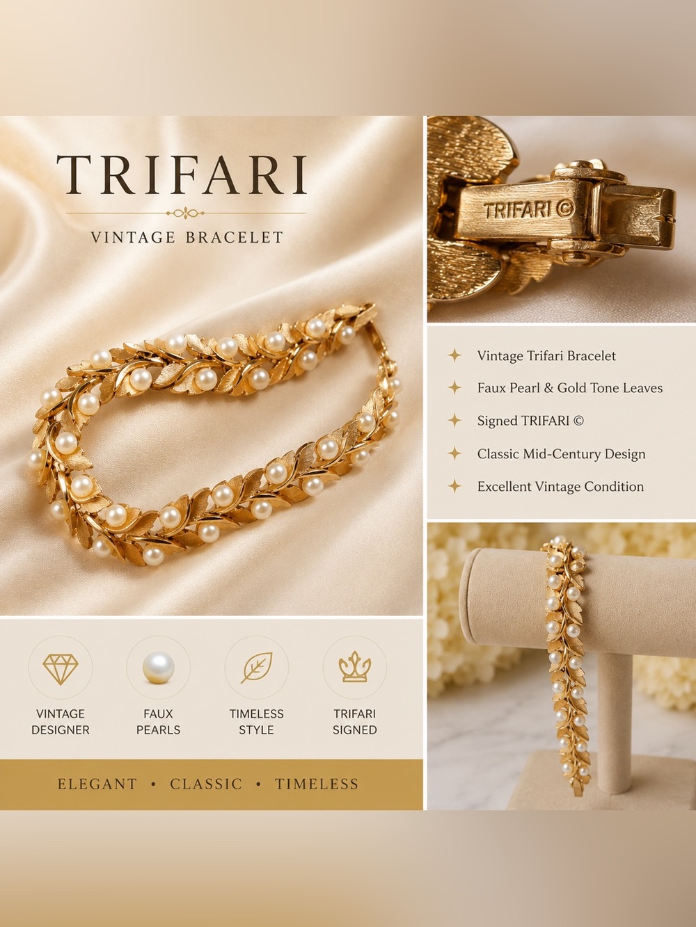 Signed Trifari Gold Tone Faux Pearl Leaf Bracelet Vintage Mid Century